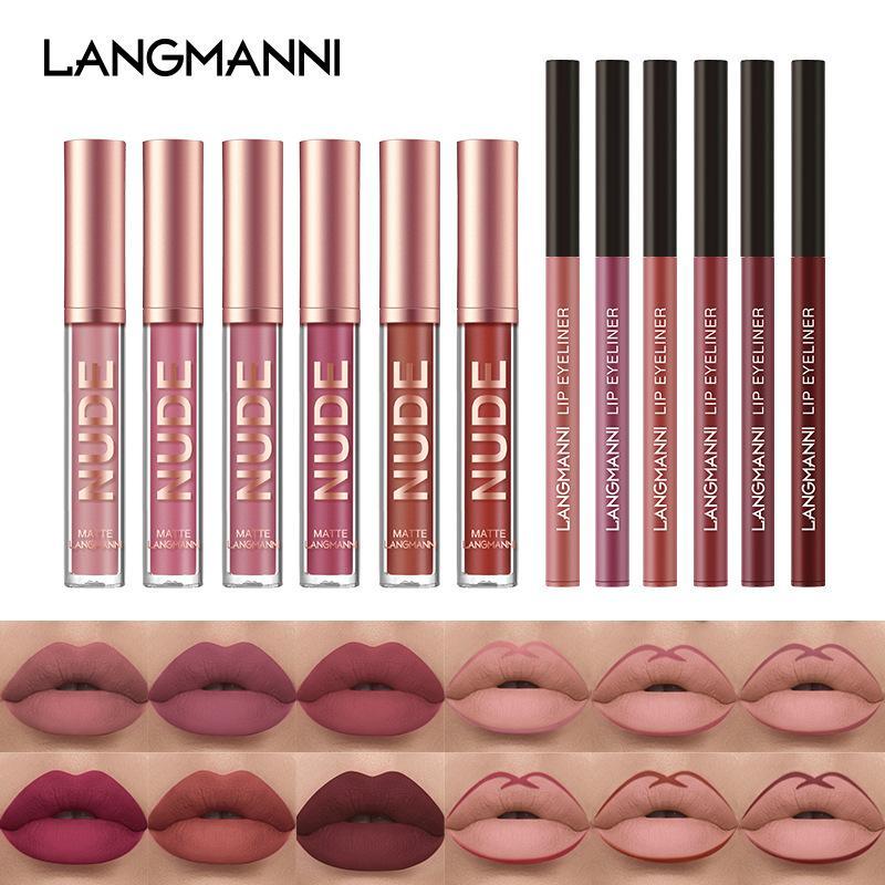 LANGMANNI Matte Lip Gloss & Lip Liner Makeup Set, 12pcs Natural Long Lasting Easy Coloring Lip Makeup Kit, Lip Makeup Products