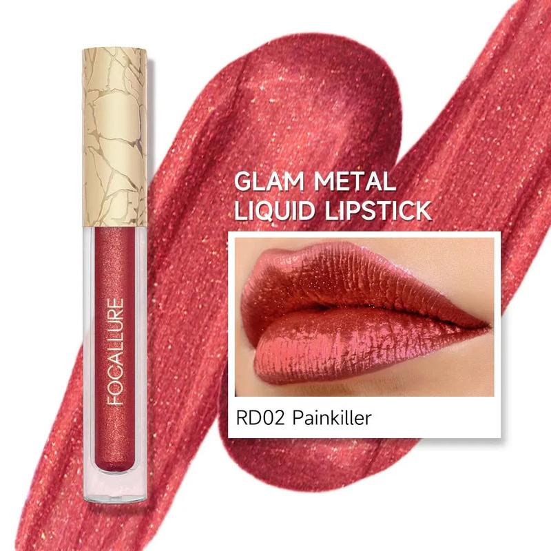 Glam Metallic Liquid Lipstick #RD02 Painkiller Lipgloss Makeup Cosmetic Metal Lipstick long-lasting waterproof by FOCALLURE