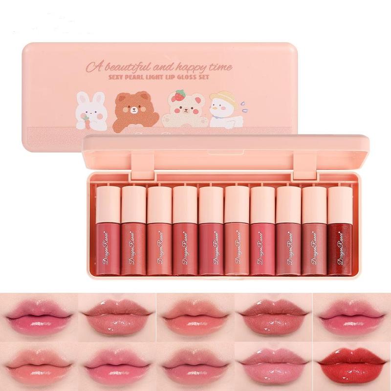 Bear Pattern Long-lasting Comfort Lip Gloss Set, 10pcs/set Easy Coloring Glossy Lip Sticks, Makeup Accessories, Lip Cosmetic for Gift, Summer Gift