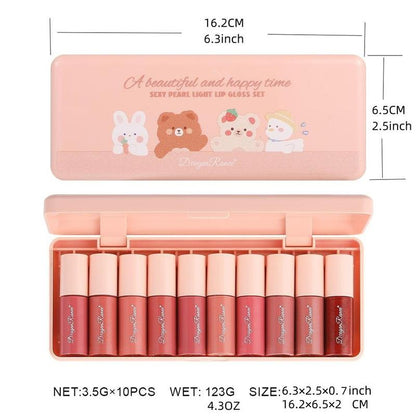 Bear Pattern Long-lasting Comfort Lip Gloss Set, 10pcs/set Easy Coloring Glossy Lip Sticks, Makeup Accessories, Lip Cosmetic for Gift, Summer Gift