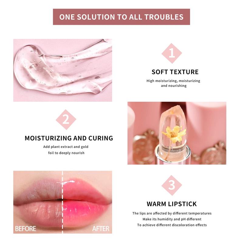 Crystal Jelly Lipstick, Color Awakening Flower Lipstick, Waterproof Lip Moisturizing Glossy Tint,Valentine's Day present