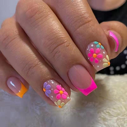 Flower Pattern Colorblock Press on Nail for Women & Girls DIY Nail Art, 48pcs Summer Fashion False Nails & 2 Tape & 2 Nail File, Elegant Stick on Nails