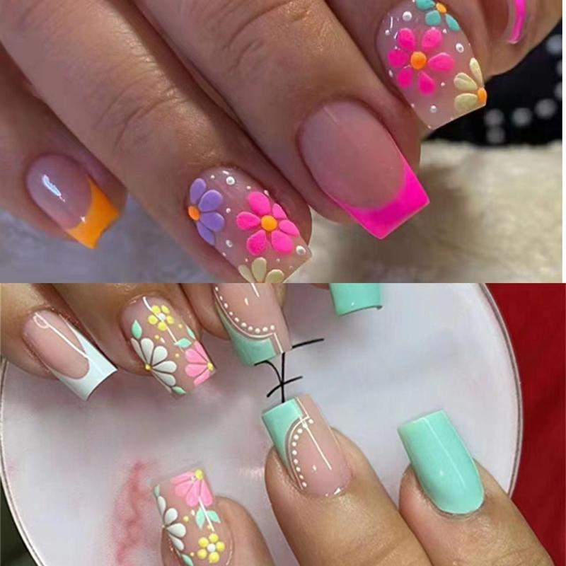 Flower Pattern Colorblock Press on Nail for Women & Girls DIY Nail Art, 48pcs Summer Fashion False Nails & 2 Tape & 2 Nail File, Elegant Stick on Nails