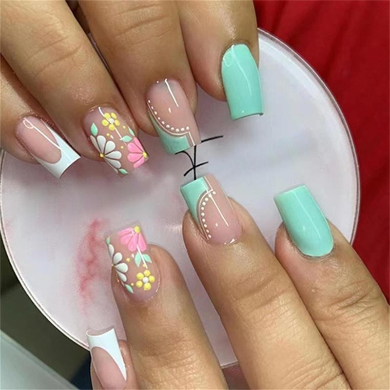 Flower Pattern Colorblock Press on Nail for Women & Girls DIY Nail Art, 48pcs Summer Fashion False Nails & 2 Tape & 2 Nail File, Elegant Stick on Nails