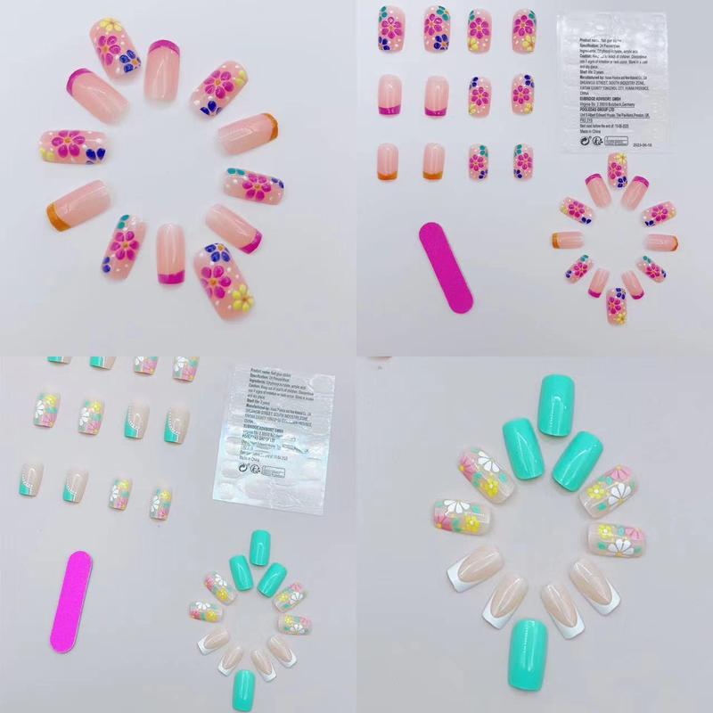 Flower Pattern Colorblock Press on Nail for Women & Girls DIY Nail Art, 48pcs Summer Fashion False Nails & 2 Tape & 2 Nail File, Elegant Stick on Nails