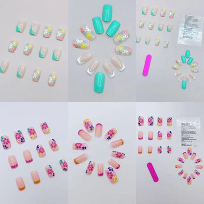 Flower Pattern Colorblock Press on Nail for Women & Girls DIY Nail Art, 48pcs Summer Fashion False Nails & 2 Tape & 2 Nail File, Elegant Stick on Nails