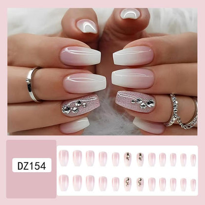 24pcs Ombre & Rhinestone Decor French Style Press on Nails with Tools, Glossy Long Coffin False Nails for Women & Girls, Removable Nail Art Artificial Full Cover Tips, Women Girls DIY Manicure