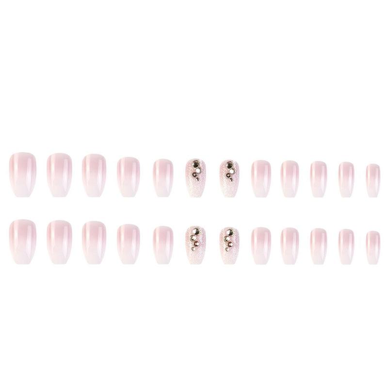 24pcs Ombre & Rhinestone Decor French Style Press on Nails with Tools, Glossy Long Coffin False Nails for Women & Girls, Removable Nail Art Artificial Full Cover Tips, Women Girls DIY Manicure