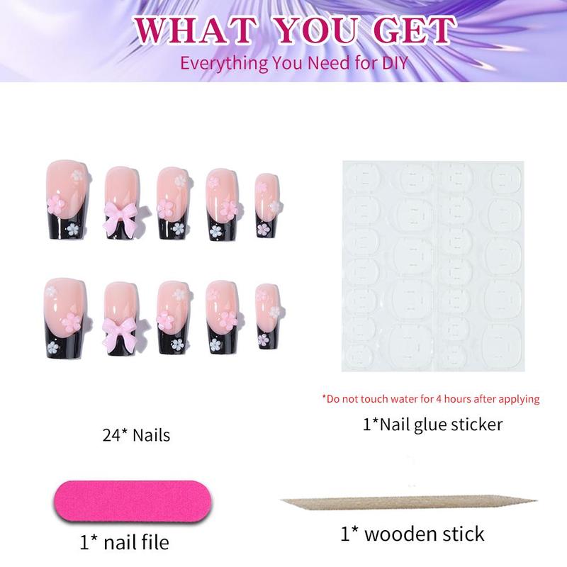 Fashion Press on Nail Care & Nail Art Nails, 24pcs/set Cute Rabbit & Flower Design Press On Nail, False Nail Manicure Set, Summer Gift