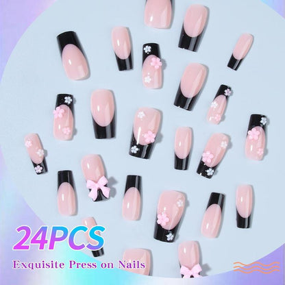 Fashion Press on Nail Care & Nail Art Nails, 24pcs/set Cute Rabbit & Flower Design Press On Nail, False Nail Manicure Set, Summer Gift