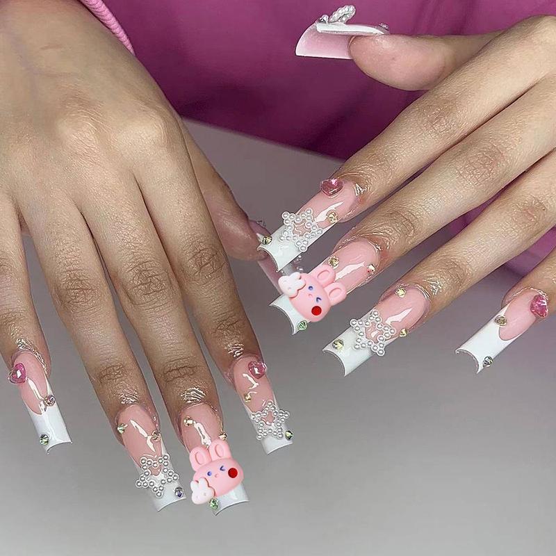 Fashion Press on Nail Care & Nail Art Nails, 24pcs/set Cute Rabbit & Flower Design Press On Nail, False Nail Manicure Set, Summer Gift