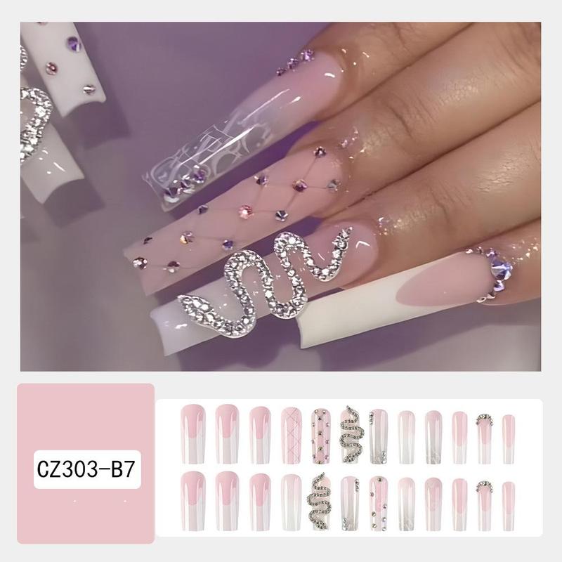 Light Pink Press on Fake Nail for Women & Girls Nail Art, 24pcs/set Rhinestone Decor Fashion Press on Nails & 1 Count Tape & 1 Count Nail File & 1 Count Wooden Stick, Fashion Stick on Nails Kit for Women's Gift