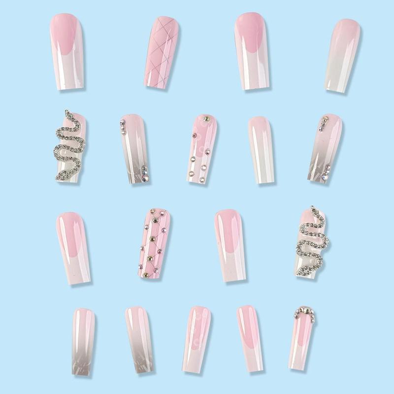 Light Pink Press on Fake Nail for Women & Girls Nail Art, 24pcs/set Rhinestone Decor Fashion Press on Nails & 1 Count Tape & 1 Count Nail File & 1 Count Wooden Stick, Fashion Stick on Nails Kit for Women's Gift