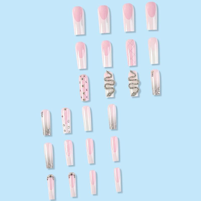 Light Pink Press on Fake Nail for Women & Girls Nail Art, 24pcs/set Rhinestone Decor Fashion Press on Nails & 1 Count Tape & 1 Count Nail File & 1 Count Wooden Stick, Fashion Stick on Nails Kit for Women's Gift