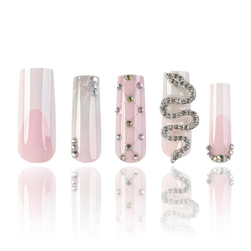 Light Pink Press on Fake Nail for Women & Girls Nail Art, 24pcs/set Rhinestone Decor Fashion Press on Nails & 1 Count Tape & 1 Count Nail File & 1 Count Wooden Stick, Fashion Stick on Nails Kit for Women's Gift