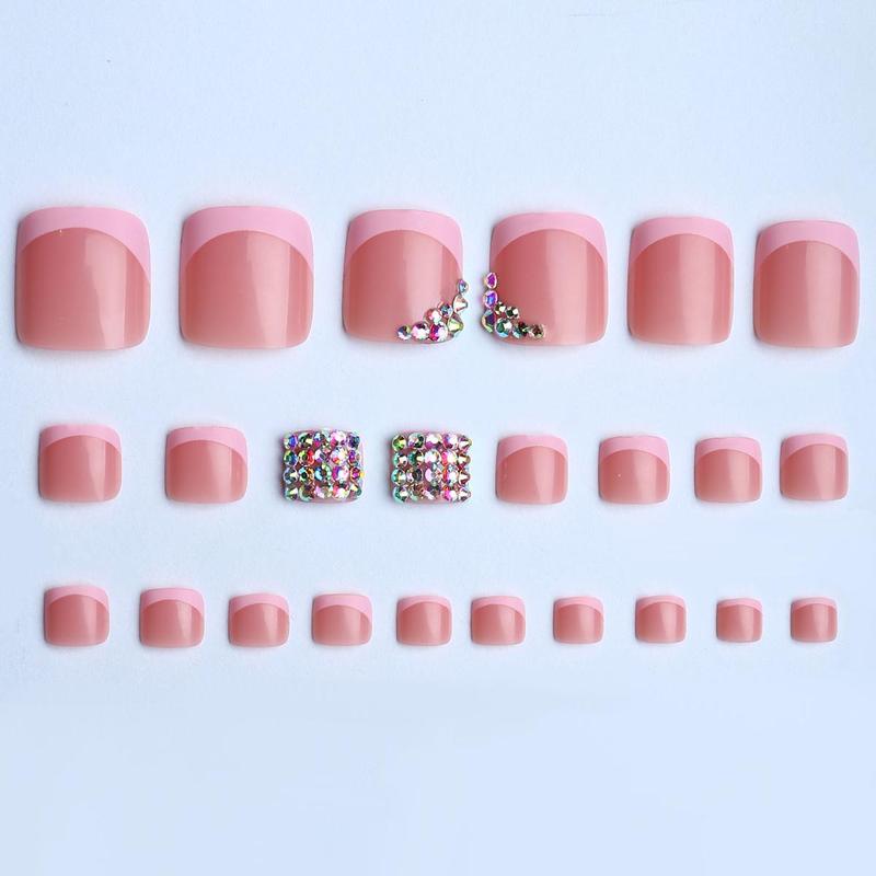 Rhinestone Decor Square Fake Toenails, 24pcs/set Glossy Short Square False Toenails & Sheet Tape & Nail File, Effortless Press on Nails Manicure Set, Removable Nail Art Kit for Women & Girls