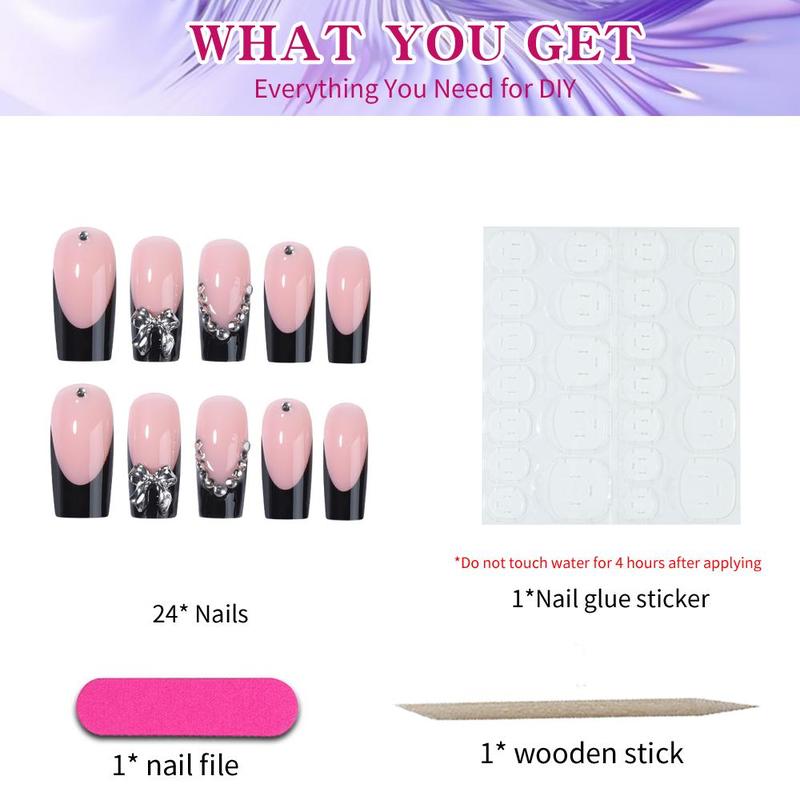 Rhinestone Decor Fake Nails Set, Including 1 Count Nail File, 1 Count Sticker Sheet, 1 Count Wooden Stick, 24pcs French Style False Nails for Women & Girls DIY Nail Art, Effortless Press On Nails Manicure Set