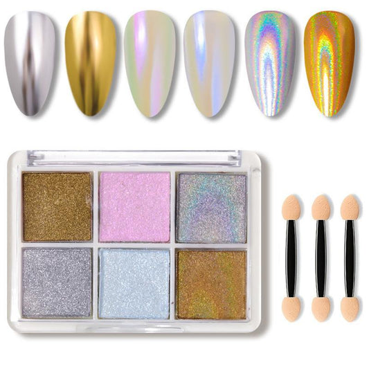 Metallic Shimmer Nail Powder Palette, 6 Colors Mermaid Iridescent Pigmented Powder Palette for Gel Nails, with 3 Counts Applicator Brush, DIY Nail Art Supplies