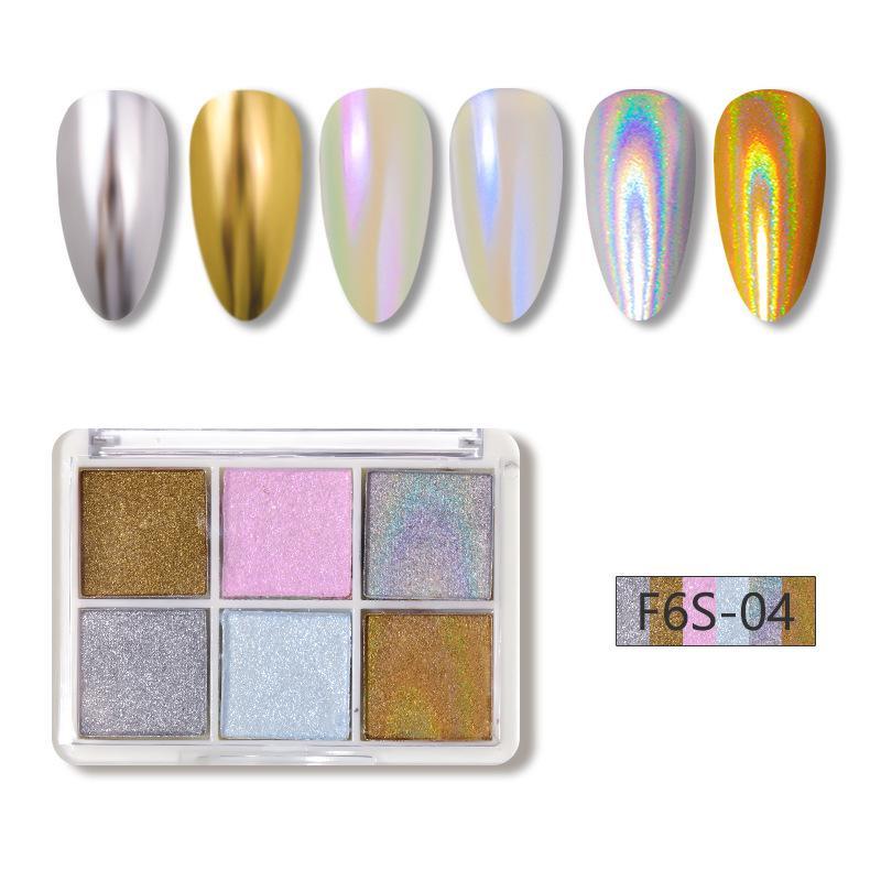 Metallic Shimmer Nail Powder Palette, 6 Colors Mermaid Iridescent Pigmented Powder Palette for Gel Nails, with 3 Counts Applicator Brush, DIY Nail Art Supplies