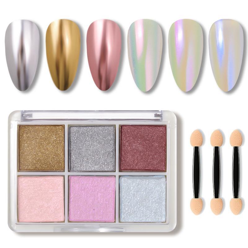 Metallic Shimmer Nail Powder Palette, 6 Colors Mermaid Iridescent Pigmented Powder Palette for Gel Nails, with 3 Counts Applicator Brush, DIY Nail Art Supplies