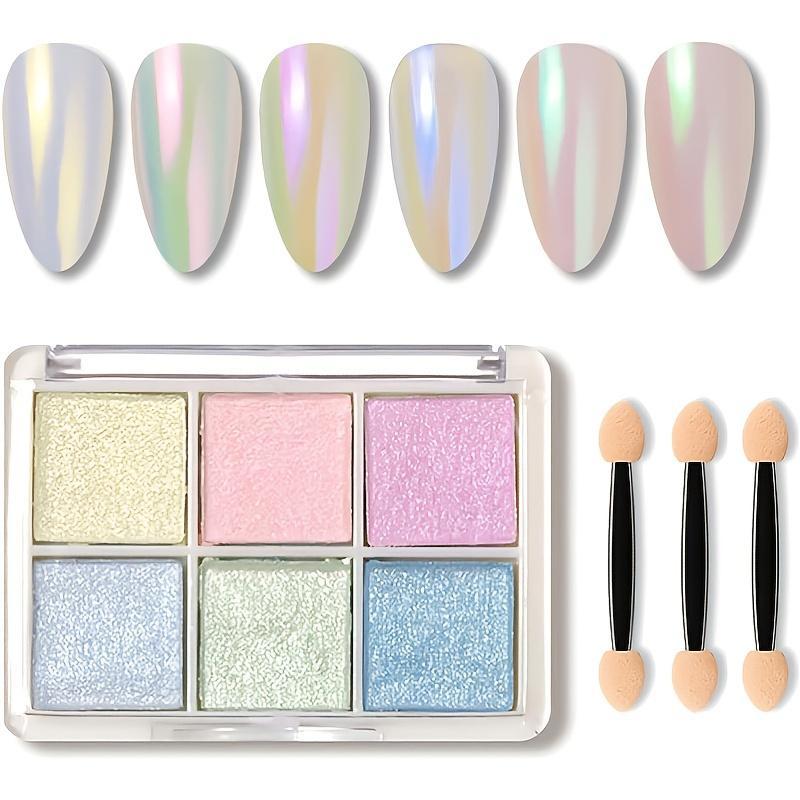 Metallic Shimmer Nail Powder Palette, 6 Colors Mermaid Iridescent Pigmented Powder Palette for Gel Nails, with 3 Counts Applicator Brush, DIY Nail Art Supplies