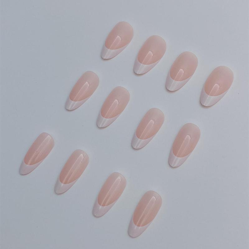 Minimalist French Style Long Almond Fake Nails Set for DIY Nail Art, 24pcs/set Glossy Press On Nails with 1 Nail File and 1 Sticker Sheet, Effortless Press On Nails Manicure Set For Daily Wear