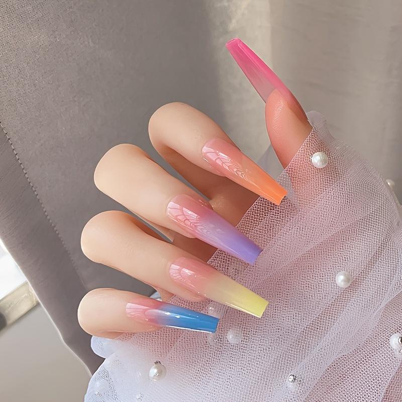 Colorful Ombre Fake Nails with 1 Count Tape & 1 Count Nail File, 24pcs Long Square False Nails for Women & Girls DIY Nail Art, Effortless Press on Nails Manicure Set