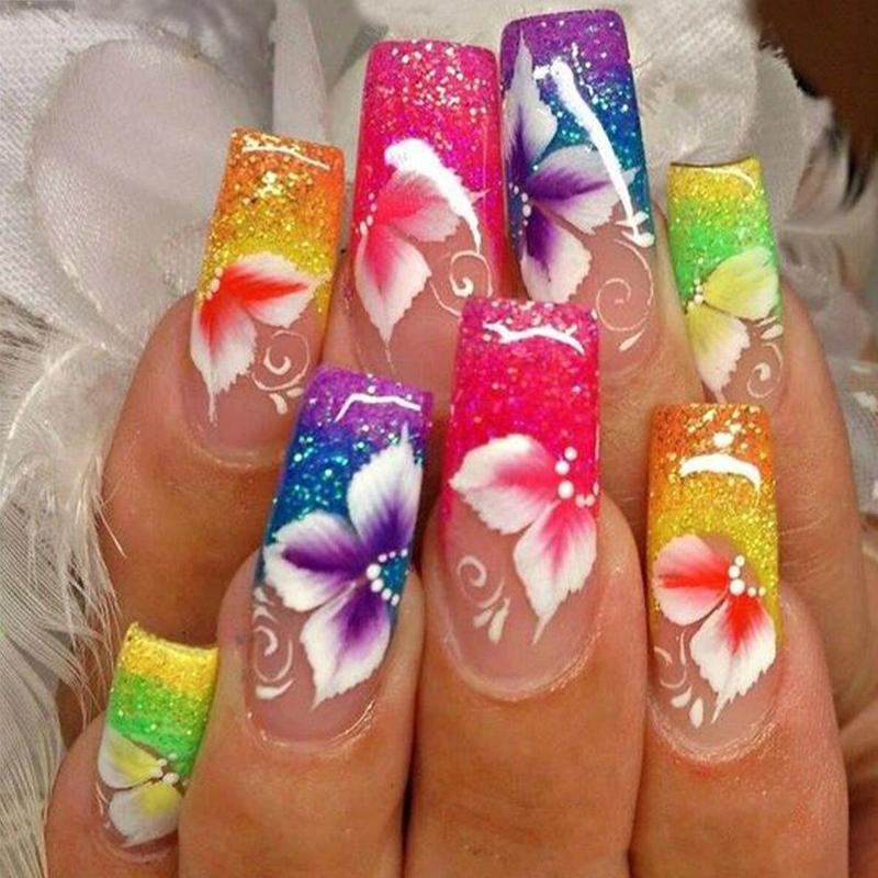 Colorful Flower Pattern Fake Nails with 1 Nail File & 1 Sticker Sheet, 24pcs/set French Style Long Square False Nails for Women & Girls DIY Nail Art, Effortless Press On Nails Manicure Dynamic Nail Supply, Korean Glass Jelly Nails