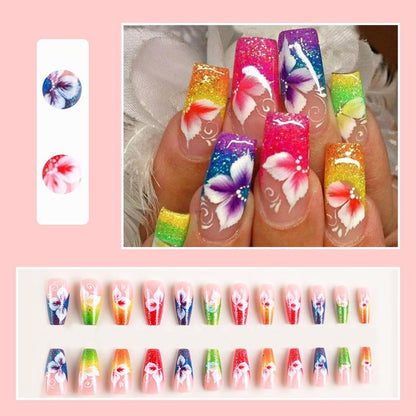 Colorful Flower Pattern Fake Nails with 1 Nail File & 1 Sticker Sheet, 24pcs/set French Style Long Square False Nails for Women & Girls DIY Nail Art, Effortless Press On Nails Manicure Dynamic Nail Supply, Korean Glass Jelly Nails