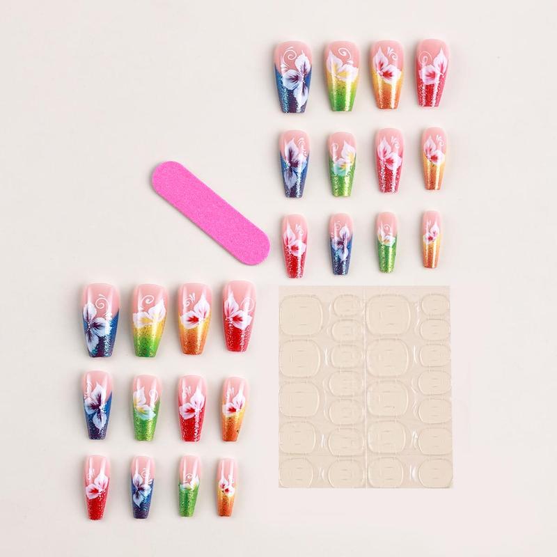 Colorful Flower Pattern Fake Nails with 1 Nail File & 1 Sticker Sheet, 24pcs/set French Style Long Square False Nails for Women & Girls DIY Nail Art, Effortless Press On Nails Manicure Dynamic Nail Supply, Korean Glass Jelly Nails