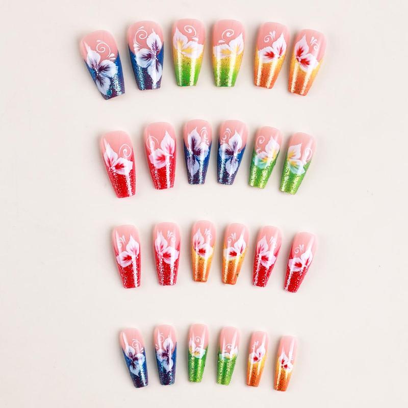 Colorful Flower Pattern Fake Nails with 1 Nail File & 1 Sticker Sheet, 24pcs/set French Style Long Square False Nails for Women & Girls DIY Nail Art, Effortless Press On Nails Manicure Dynamic Nail Supply, Korean Glass Jelly Nails