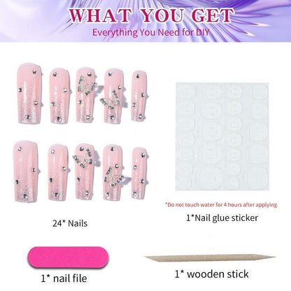 24pcs/set Butterfly Rhinestones Design Glitter Fake Nails with 1 Nail File & 1 Sticker Sheet, Removable Nail Art Artificial Full Cover, Women Girls DIY Manicure, Elegant Press On Fake Nail Kit, Manicure Accessories