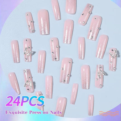 24pcs/set Butterfly Rhinestones Design Glitter Fake Nails with 1 Nail File & 1 Sticker Sheet, Removable Nail Art Artificial Full Cover, Women Girls DIY Manicure, Elegant Press On Fake Nail Kit, Manicure Accessories