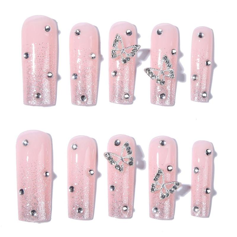 24pcs/set Butterfly Rhinestones Design Glitter Fake Nails with 1 Nail File & 1 Sticker Sheet, Removable Nail Art Artificial Full Cover, Women Girls DIY Manicure, Elegant Press On Fake Nail Kit, Manicure Accessories