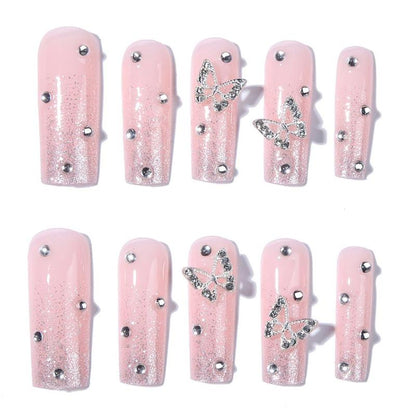 24pcs/set Butterfly Rhinestones Design Glitter Fake Nails with 1 Nail File & 1 Sticker Sheet, Removable Nail Art Artificial Full Cover, Women Girls DIY Manicure, Elegant Press On Fake Nail Kit, Manicure Accessories