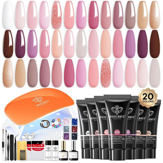 MODELONES Poly Gel Nail Kit -20/32 Nude Pink Shades | Complete Starter Set with Lamp | DIY Home Nail Extensions & Art | Perfect for Beginners, French Manicure & Spring Styles | 2024 New Arrival Gift Idea