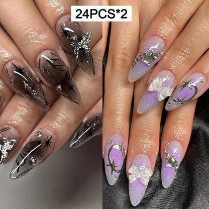 Gradient 3D Butterfly Decor Press on Fake Nail for Women & Girls Nail Art, 24pcs/set Rhinestone Decor Fashion Press on Nails & Jelly Tape & Nail File, Elegant Stick on Nails Kit for Women's Gift