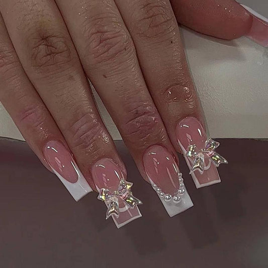 Aurora Bow and Rhinestone Decor French Style Fake Nails & Sticker Sheet Tape & Nail File & Stick, 24pcs/box Fashion Press on Nails for Women & Girls DIY Nail Art, Elegant Stick on Nails Kit