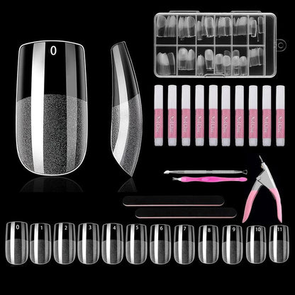 Full Cover Press on Nails Fake Nail Tip, 1 Set Transparent Fake Nail Tips with Nail Glue & Clipper & Nail Files & Cuticle Pusher & Nail Fork for Gel Nail Art