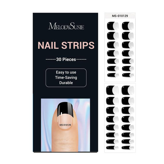 MelodySusie Semi Cured Gel Nail Strips, Black - Works with Any Nail Lamps,  Long Lasting, Easy to Apply & Remove - Includes 30Pcs, Free 5D Stickers, 2 Prep Pads, Nail File & Wooden Stick, Waterproof, Long-lasting, High Gloss Nail Art Nail Care