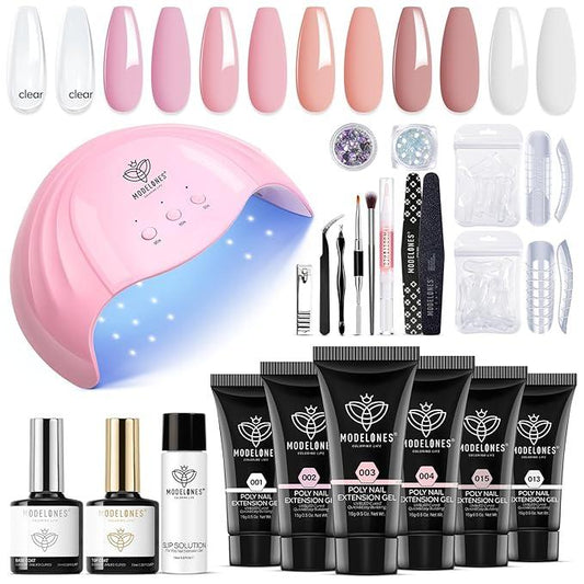 Modelones Poly Nail Gel Kit - 6 Colors with 48W Nail Lamp Poly Extension Gel Clear Pink Nude White Builder Nail kits with Slip Solution Glitter All In One Complete Nail Kit for Starter Home DIY Gift