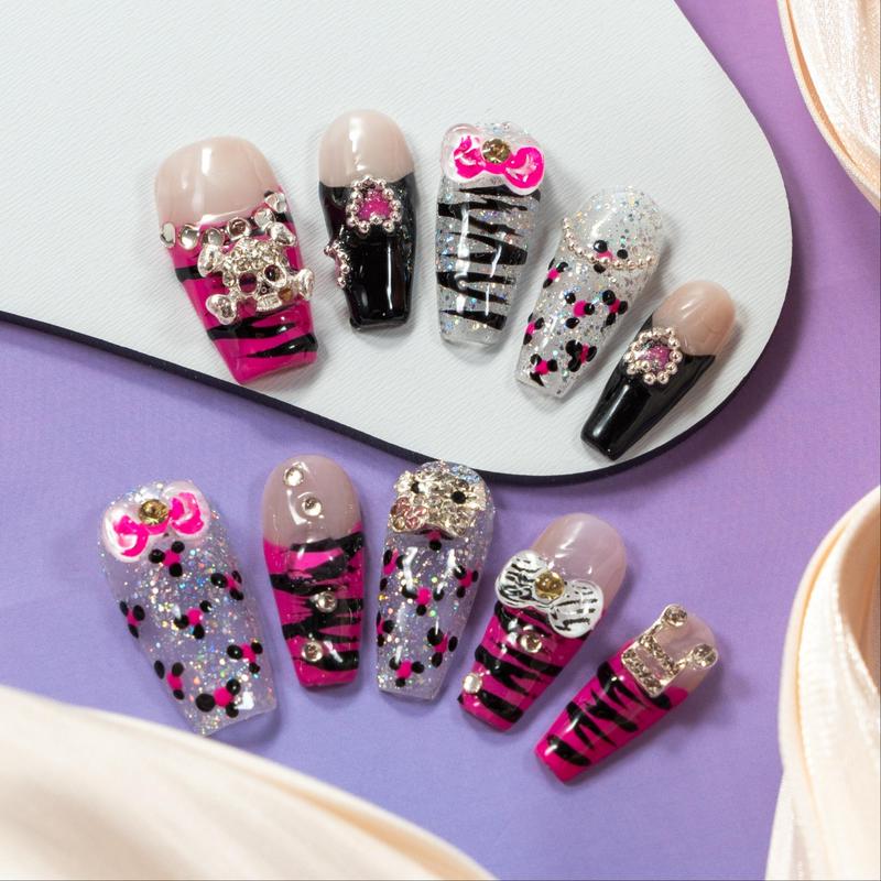 Zebra Pattern Bow Decor Fake Nails with Tape & Nail File, 10pcs/Set Rhinestone Decor Fashion Press on Nails for Women & Girls DIY Nail Art