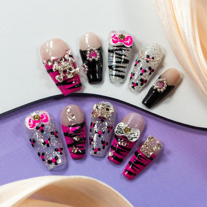 Zebra Pattern Bow Decor Fake Nails with Tape & Nail File, 10pcs/Set Rhinestone Decor Fashion Press on Nails for Women & Girls DIY Nail Art