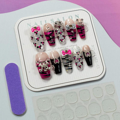 Zebra Pattern Bow Decor Fake Nails with Tape & Nail File, 10pcs/Set Rhinestone Decor Fashion Press on Nails for Women & Girls DIY Nail Art