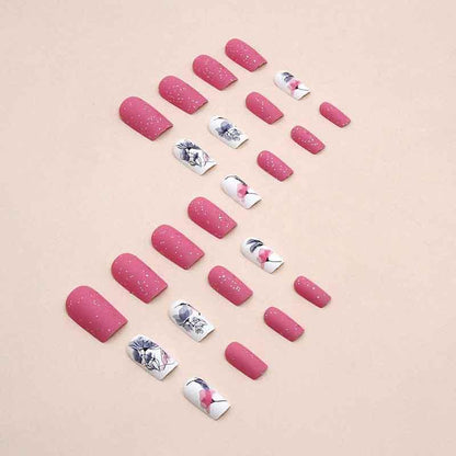 Frosted Lotus Pattern Fake Nail & 1 Count Tape & 1 Count Nail File, 24pcs Matte Square False Nail for Women & Girls, Removable Nail Art Artificial Full Cover, Women Girls DIY Manicure