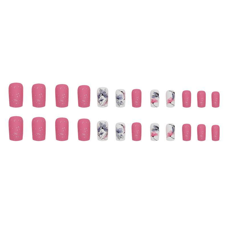 Frosted Lotus Pattern Fake Nail & 1 Count Tape & 1 Count Nail File, 24pcs Matte Square False Nail for Women & Girls, Removable Nail Art Artificial Full Cover, Women Girls DIY Manicure