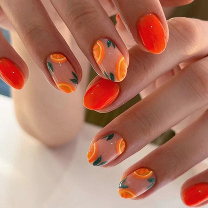 Orange & Fruit Print Fake Nails with 1 Nail File & 1 Sticker Sheet (24pcs/box), Short Oval False Nails, Press On Nails Kit for Women & Girls DIY Nail Art