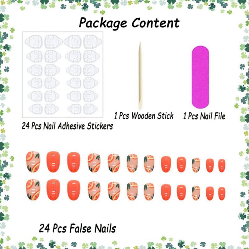 Orange & Fruit Print Fake Nails with 1 Nail File & 1 Sticker Sheet (24pcs/box), Short Oval False Nails, Press On Nails Kit for Women & Girls DIY Nail Art