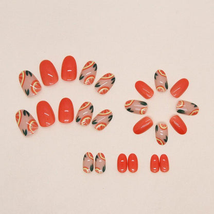 Orange & Fruit Print Fake Nails with 1 Nail File & 1 Sticker Sheet (24pcs/box), Short Oval False Nails, Press On Nails Kit for Women & Girls DIY Nail Art