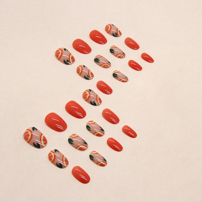 Orange & Fruit Print Fake Nails with 1 Nail File & 1 Sticker Sheet (24pcs/box), Short Oval False Nails, Press On Nails Kit for Women & Girls DIY Nail Art